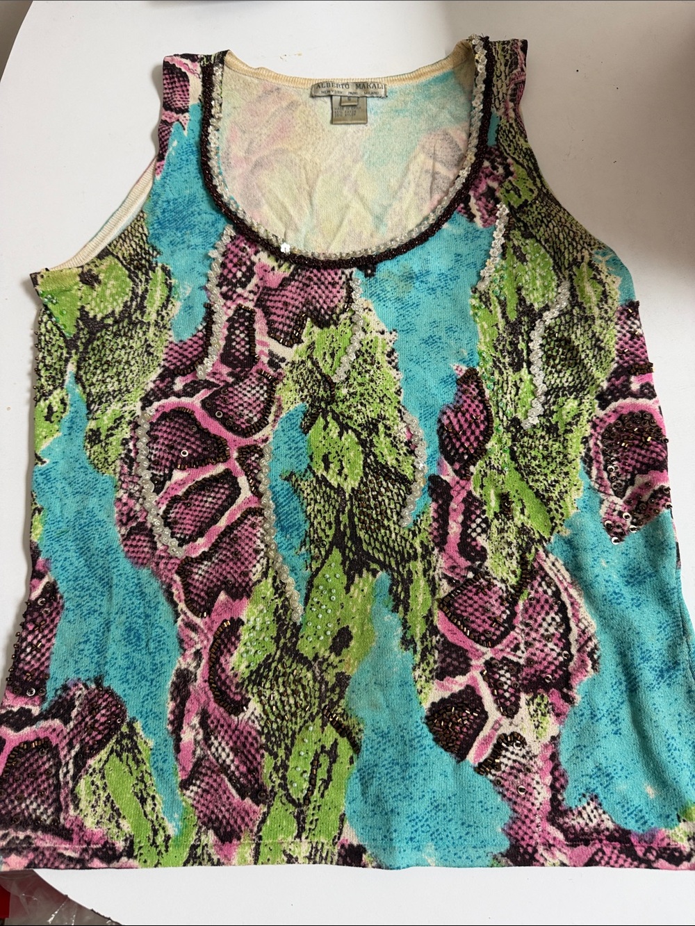 Alberto Makali  Sequin-Embellished Animal Print Tank in Turquoise, Pink & Green